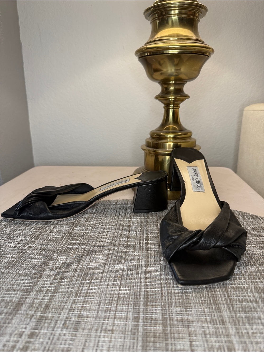 Jimmy Choo Black Leather Knot Block-Heel Mules
